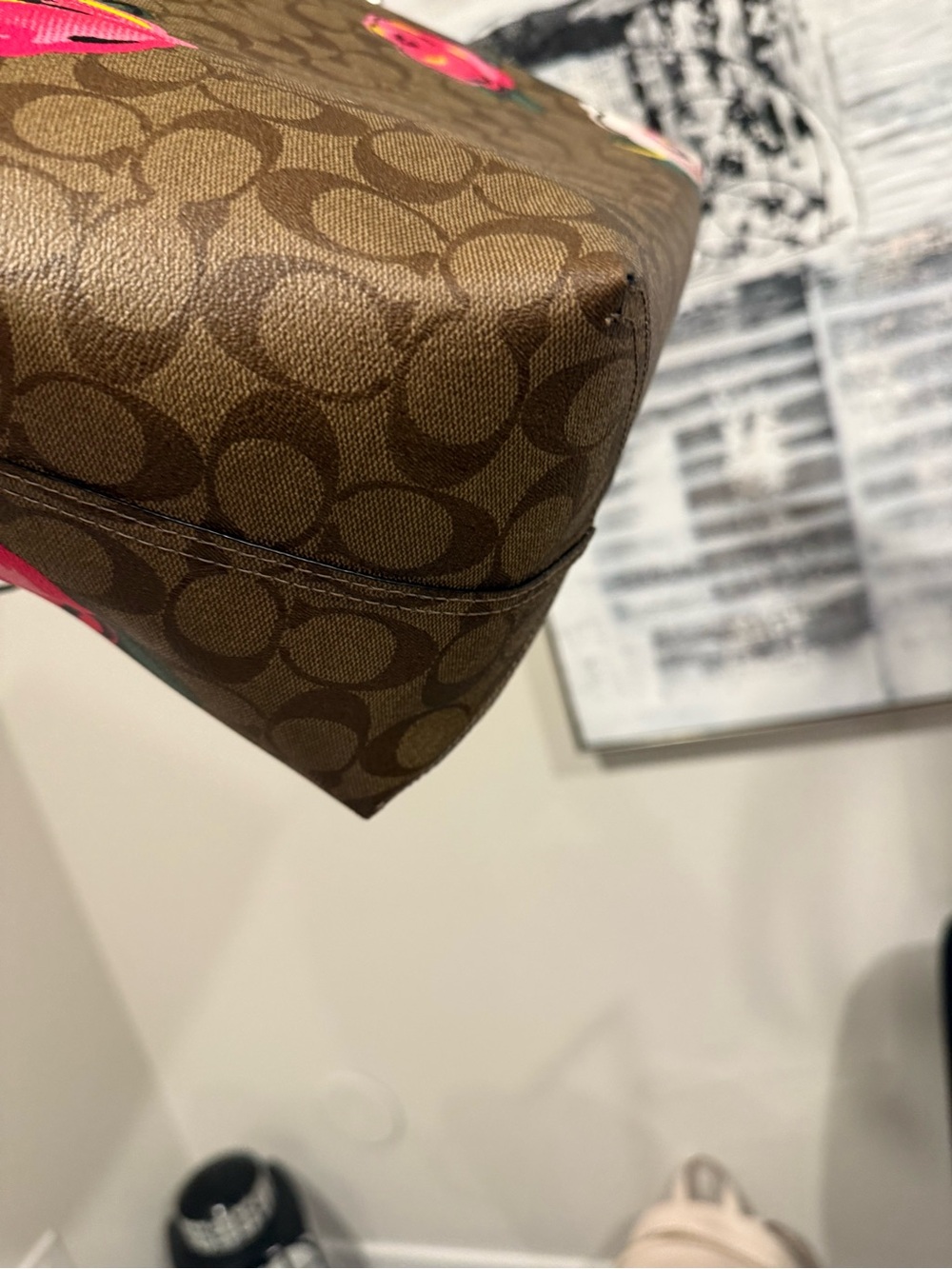 Coach Brown Signature Canvas Tote with Pink Floral Accents - Picture 9 of 9